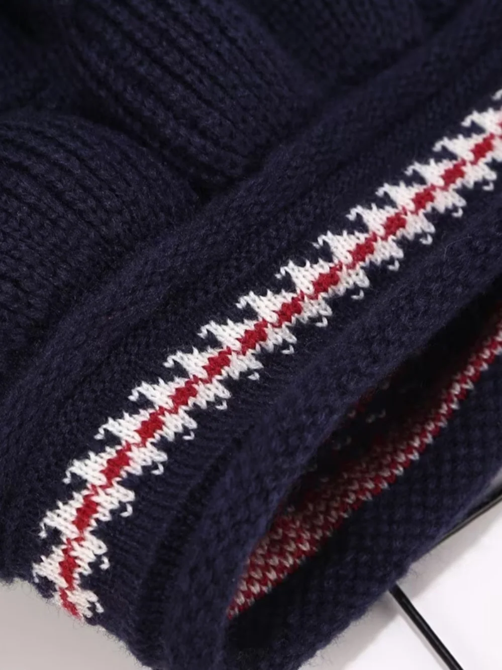 Adorable Black Pom-Pom Winter Beanie with Red Trim